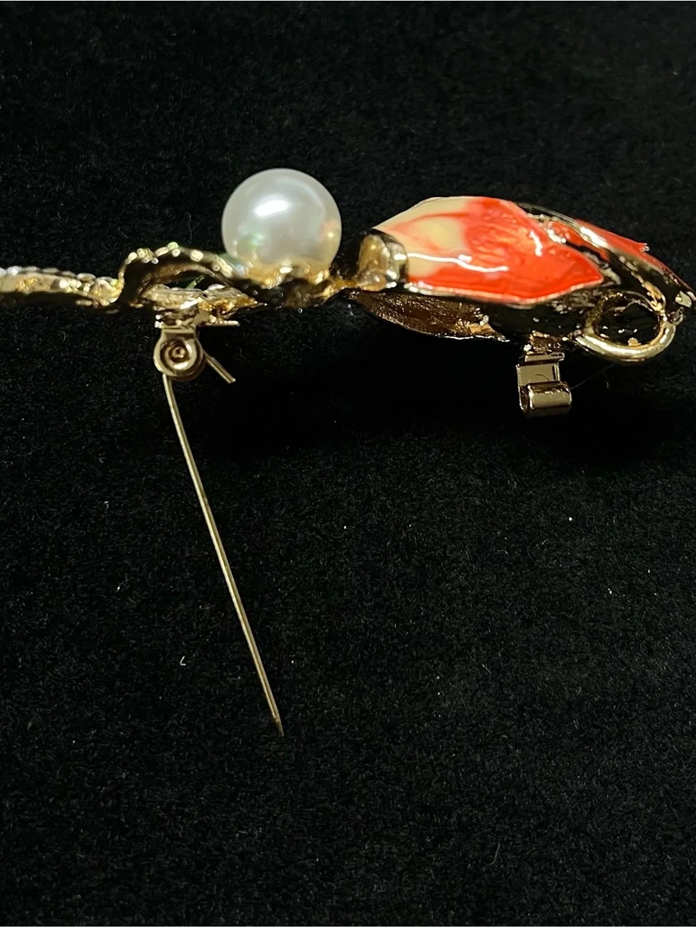 Orange Enamel Tulip Flower Brooch Rhinestone Pearl Gold Tone
